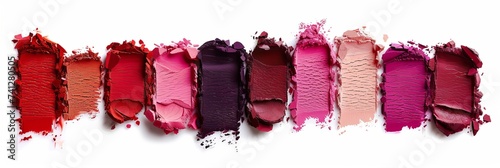 Isolated texture composition of lipstick shades against a white backdrop. Cosmetic product smear smudge swatch sample 