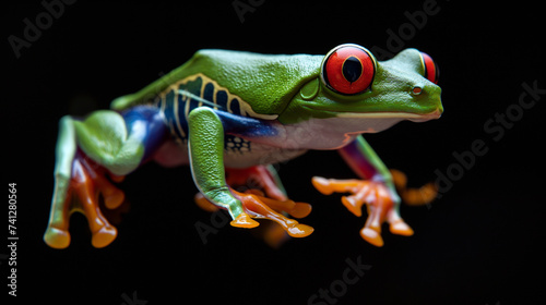 Red-eyed tree frog perched on a leaf branch Alone in the bright colors of nature. jumping and eating
