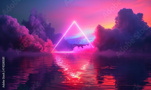 3d render, abstract fantasy background. Unique futuristic wallpaper with triangular geometric shape glowing with pink red neon light, colorful cloud and, Generative AI
