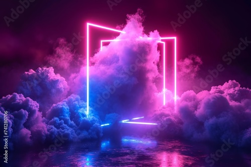 3d render, abstract minimal background, pink blue neon light square frame with copy space, illuminated stormy clouds, glowing geometric shape, Generative AI
