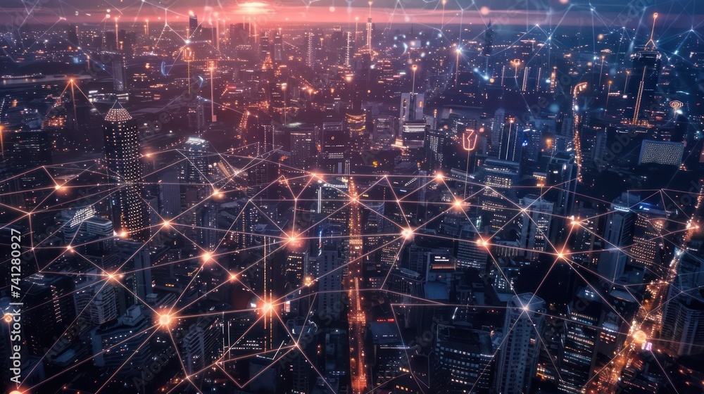 Digital network grid overlaying a dense urban cityscape at dusk - obrazy, fototapety, plakaty 