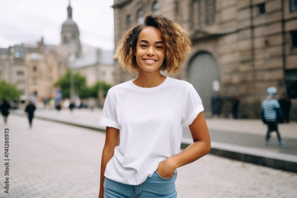 Beautiful african american woman with afro hairstyle wearing casual white t-shirt and jeans posing in the city. Beautiful african american woman with afro hairstyle wearing casual white t-shirt and jeans posing in the city.