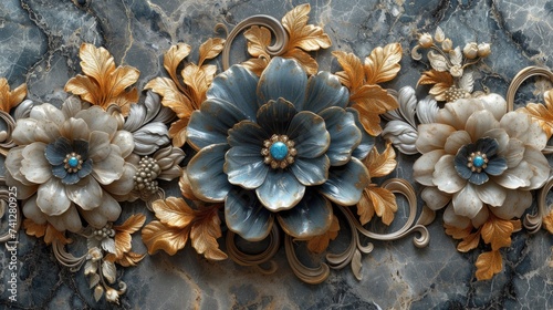 Elegant Golden Floral Embellishments on Marble Surface.