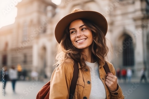 Portrait of a smiling young woman in hat walking in the city