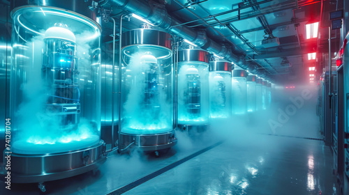 A row of high-tech cryogenic chambers emitting vapor in a cryopreservation lab. Cryogenic Chambers for freezing bodies.