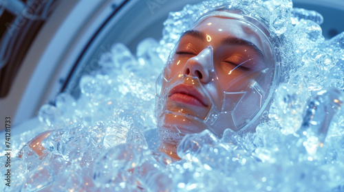 Close-up of a woman's face during cryopreservation, surrounded by ice photo