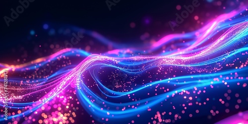 3d render, abstract neon background of twisted glowing lines. Neurolink metaphor, connection concept. Fantastic wallpaper, Generative AI photo