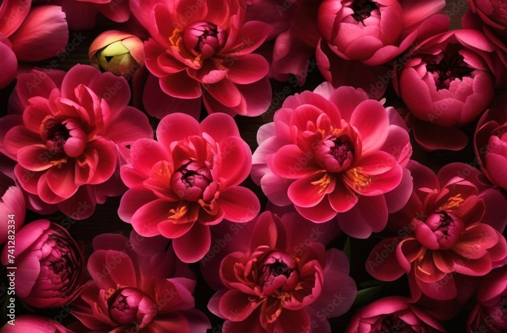 A close-up stock photo featuring luxurious, bright burgundy peonies covering the entire space, creating a floral background. A close-up stock photo featuring luxurious, bright burgundy peonies covering the entire space, creating a floral background.