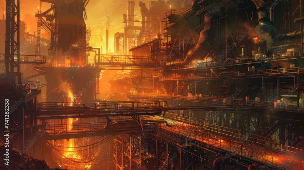 Steel mill interior with industrial glow and molten metal