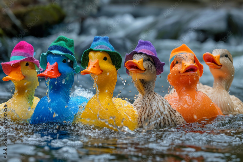 Art photography of ducks in panama hats. ducks with colorful feathers of bright colors. multi colored ducks on nature. Wild ducks in nature. Close-up of colorful ducks.