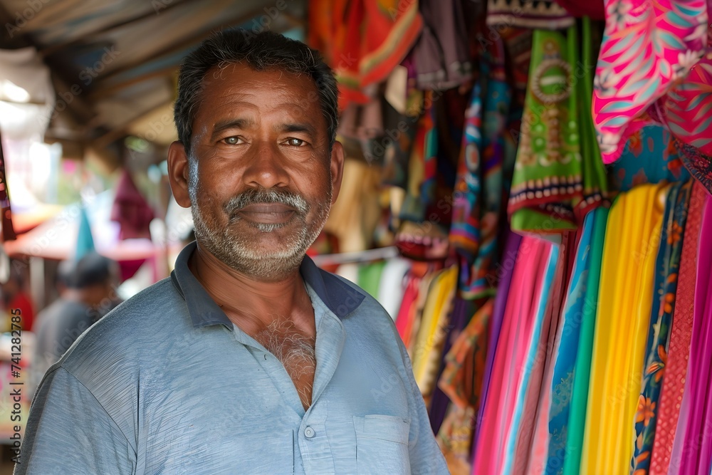 Merchant man selling at festival standing by colorful market stall. Concept Street Vendor, Outdoor Market, Local Business, Festival Atmosphere Merchant man selling at festival standing by colorful market stall. Concept Street Vendor, Outdoor Market, Local Business, Festival Atmosphere