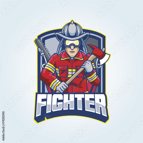 Vector Illustration Fire Fighter Wearing Glasses Carrying Axe with FIGHTER text Esport Logo