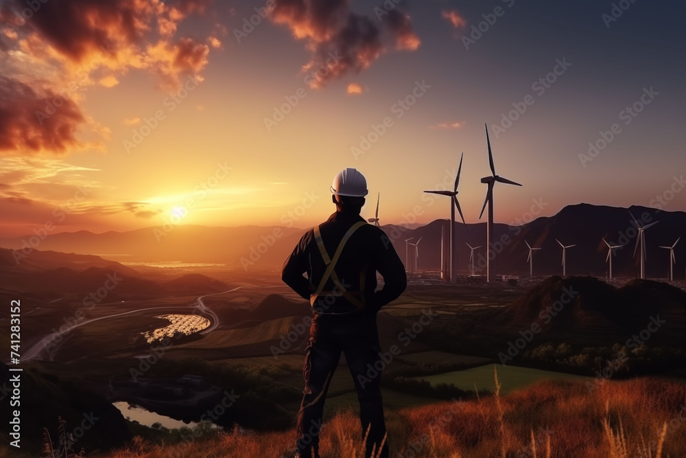 engineer man Manage solar panels background is a city surrounded by mountains of green Energy from wind turbine systems, renewable energy, reducing electricity use, saving energy sustainable