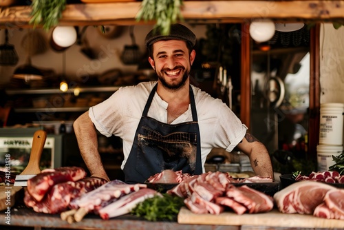 Artisan Butcher Showcasing Meats in Charming Local Shop. Concept Local Butcherry, Artisan Meats, Shop Display, Food Presentation, Culinary Expertise photo