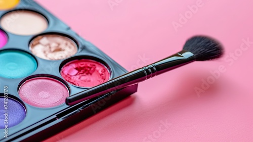 Brush and makeup palette on a background of pink