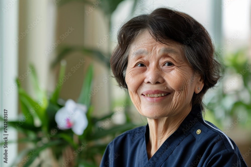 Taking care of elderly. Asian caregiver smiling. - obrazy, fototapety, plakaty 