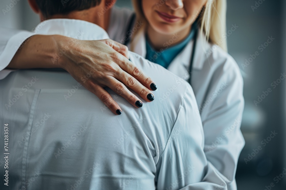 In this close-up, a caring doctor touches a mature patient's shoulder, expressing empathy and support, a female psychotherapist comforts an elderly man at a meeting, depicting medical care and