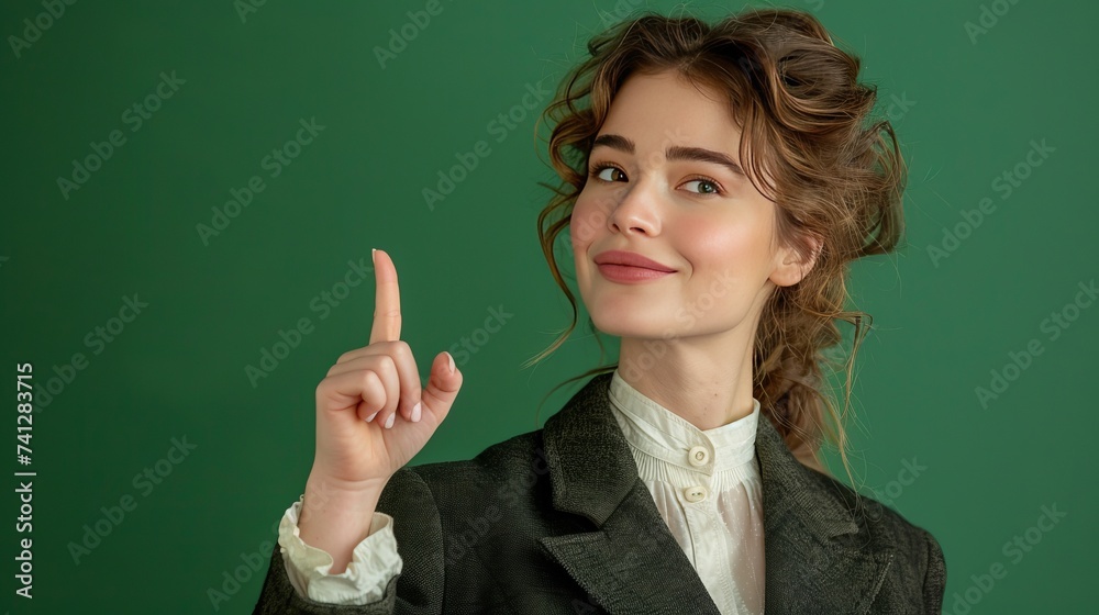 A charming young English woman spreads kindness, smiles and points to the side. Place it in the side corner. Enough space is left for inserting text. A charming young English woman spreads kindness, smiles and points to the side. Place it in the side corner. Enough space is left for inserting text.