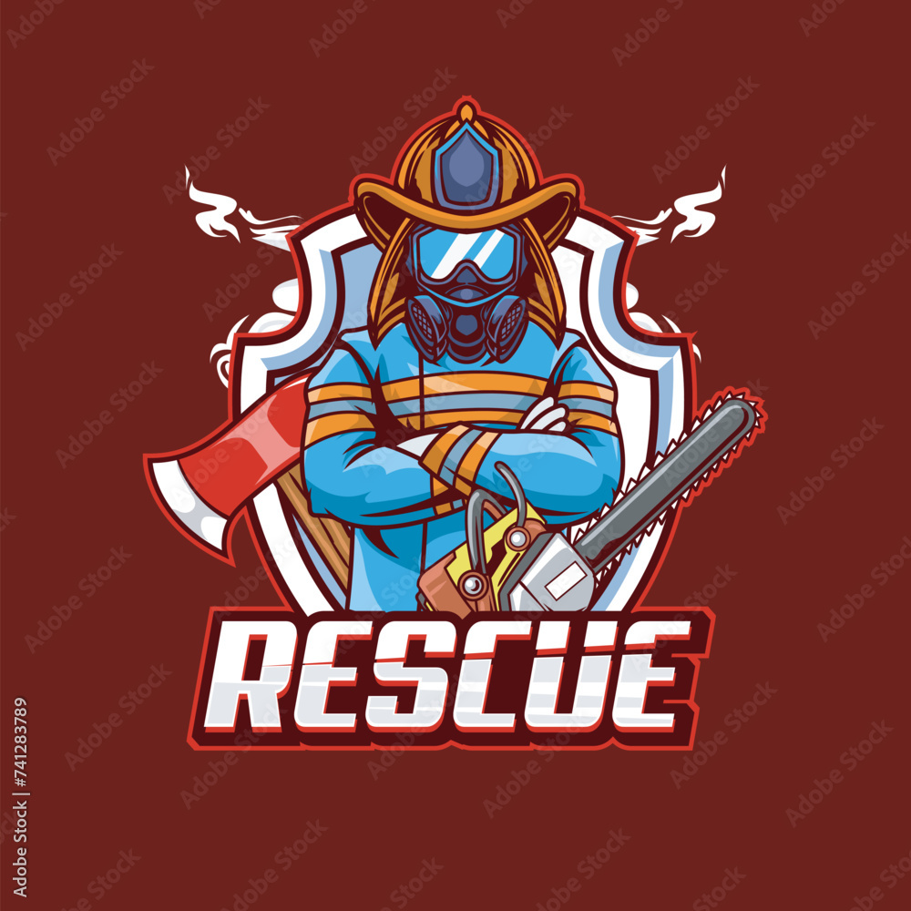 Vector Illustration Fire Fighter Wearing Mask and Glasses with Axe and Chainsaw and RESCUE text Esport Logo