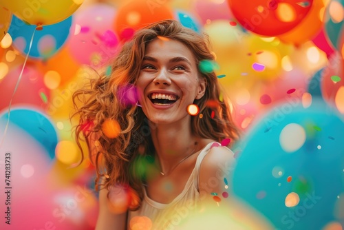woman laughing, surrounded by vibrant balloons and confetti, April Fools Day, birthday, holiday