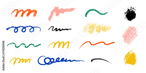 Brush textures set. Colorful shader and brushstrokes, hand drawn abstract lines. Paint smear, marker scribble line. Sketch freehand drawing borders. Vector isolated collection for decor