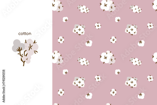 Cotton flower seamless pattern. Organic flowers. White balls with leaves. Decor textile, wrapping paper, wallpaper design. Print for fabric. Rustic trendy greenery. Cartoon flat isolated illustration
