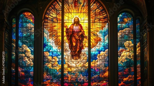Large stained glass window in the old cathedral  multi-colored stained glass with the image of Jesus Christ  Easter religious story  AI generated