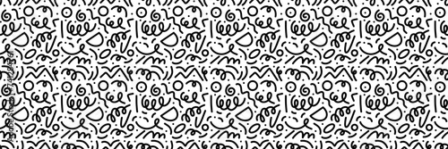 Doodle seamless pattern. Fun black line background. 90s kids background. Funny modern childish drawings. Wallpaper and wrapping design. Banner backdrop. Simple party confetti, vector illustration