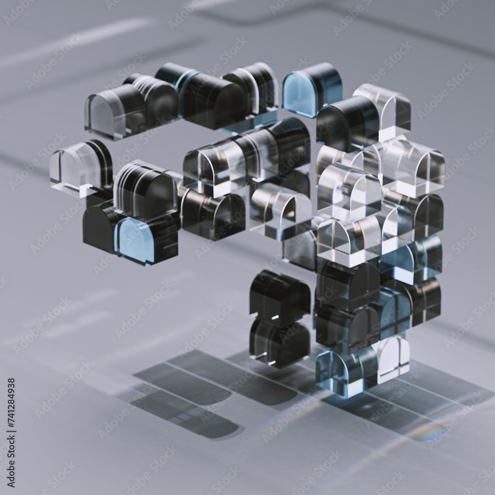 3d render of abstract surreal 3d cyber cube build structure based on small and big boxes particles in white plastic metal and glass materials on isolated black background 3d render of abstract surreal 3d cyber cube build structure based on small and big boxes particles in white plastic metal and glass materials on isolated black background