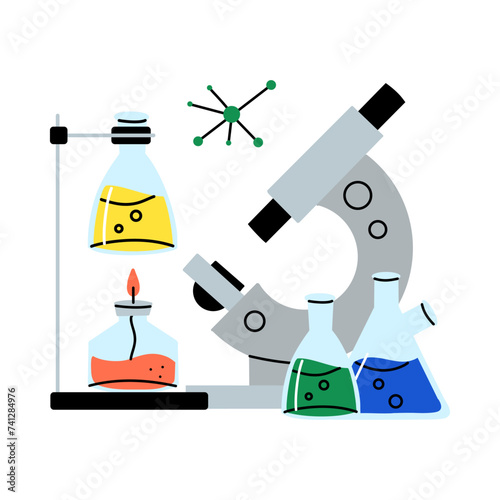 Laboratory equipment. Lab glassware. Chemical reagents in glass bottles and rest tubes and flasks. Medical scientific research tools. Doodle drawing. Vector cartoon flat isolated illustration