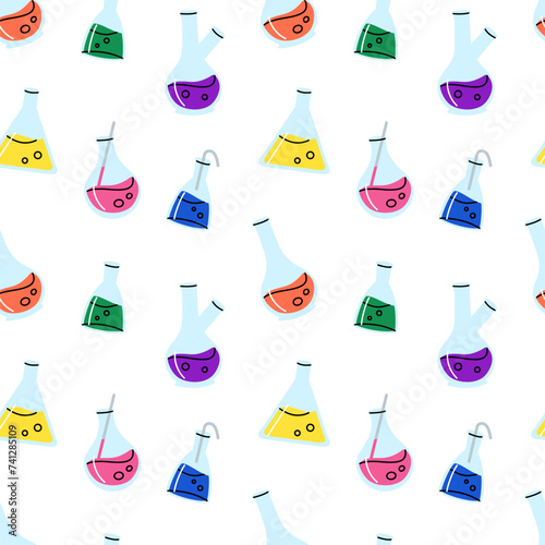 Laboratory glassware seamless pattern. Chemical reagents in glass bottles and rest tubes and flasks. Medical lab equipment. Scientific research tools. Doodle vector cartoon isolated background
