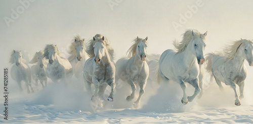 white horses running in a gray white snowy environment