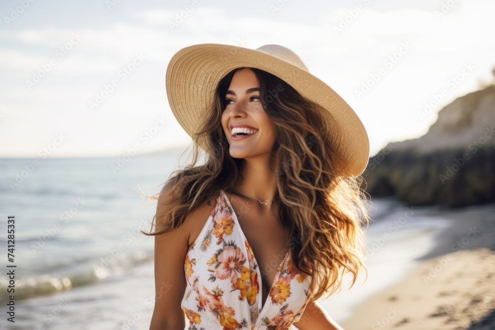 Beautiful young woman in hat and summer dress on the beach.