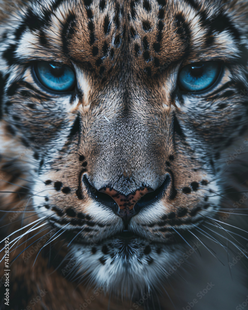 a snow leopard with blue eyes, in the style of photosurrealist photorealism a snow leopard with blue eyes, in the style of photosurrealist photorealism
