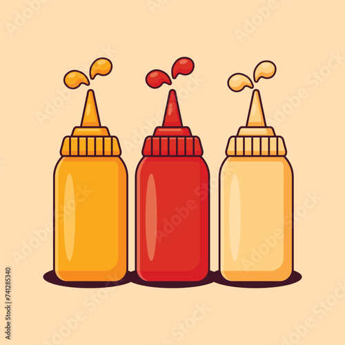 cartoon vector illustration of tomato ketchup, mayonnaise, and mustard.