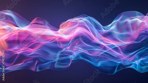 Abstract digital background with flowing neon waves of purple and blue colors on a dark background, creating a dynamic and futuristic pattern.