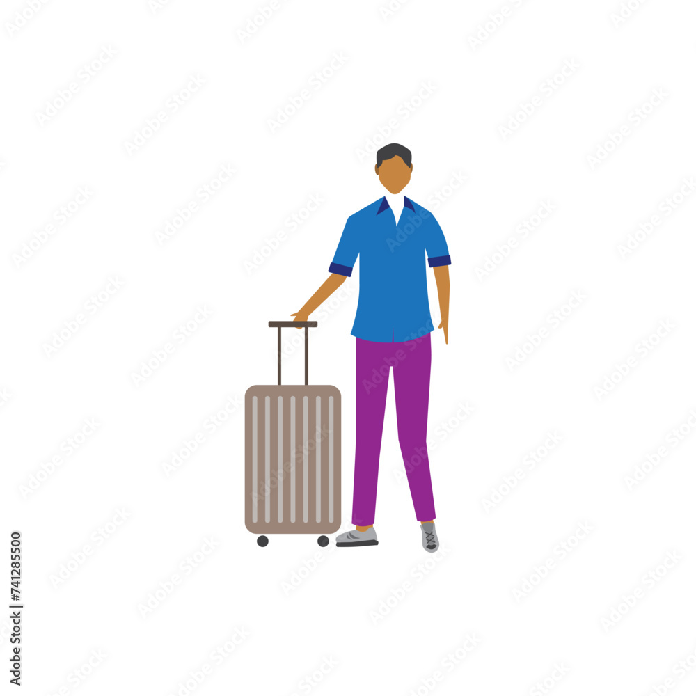 A tourist standing with suitcase for travel on white background A tourist standing with suitcase for travel on white background