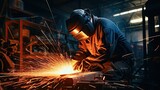 Industrial worker cutting and welding metal with many sharp sparks. AI Generated.