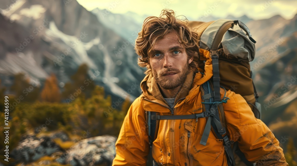 Male hiker looking at mountainous landscape Male hiker looking at mountainous landscape