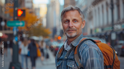 Mature man with a backpack standing on a bustling city street, looking over his shoulder with a hint of a smile, amid urban hustle.