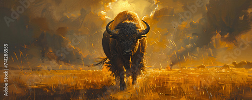 an oil painting of a buffalo in the field, in the style of photo-realistic landscapes
