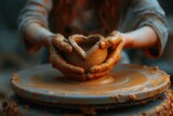 Hands of women using a pottery wheel. Generative Ai.