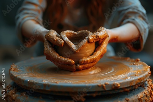 Hands of women using a pottery wheel. Generative Ai. photo