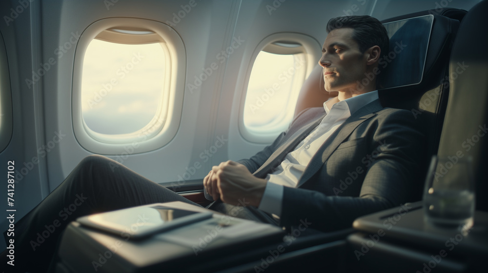successful businessman in a business class flight, luxury lifestyle of rich businessman, successful business life concept - obrazy, fototapety, plakaty 