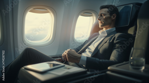 successful businessman in a business class flight, luxury lifestyle of rich businessman, successful business life concept photo