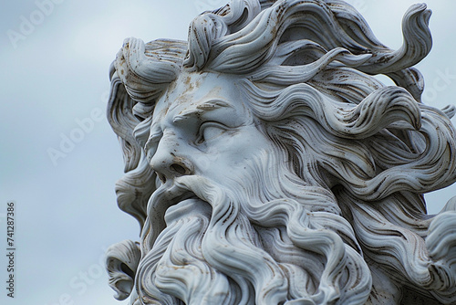 A detailed photograph of Poseidon's majestic beard and flowing hair, billowing in the wind like ocean waves, photo