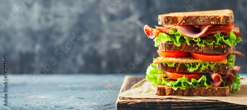 Sandwich with ham, cheese and fresh vegetables on a black background. Side view, horizontal. Big sandwich on black background with copy space.
