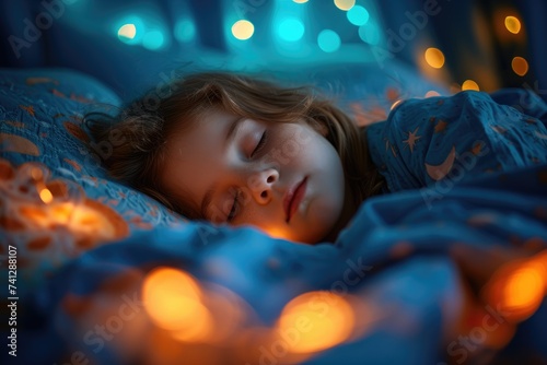 A little girl slumbers in her bed. Generative Ai.
