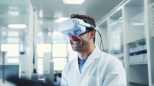 A happy smiling man is a research scientist wearing virtual reality glasses in a modern hospital  laboratory. Modern technologies  Medicine  Science concepts.