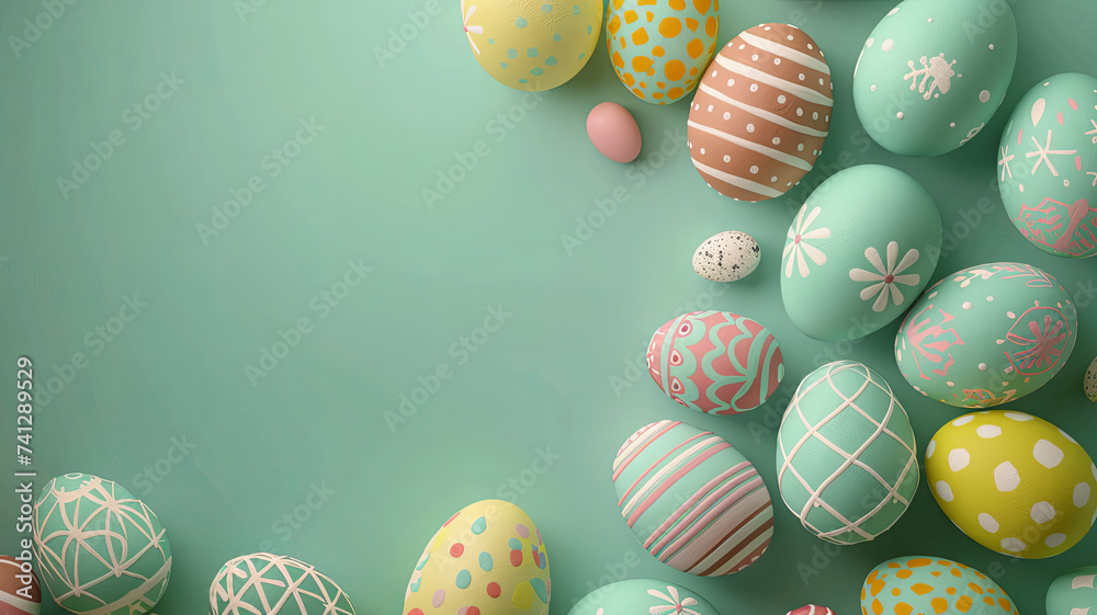 Easter Splendor: A Cascade of Patterned Eggs on a Mint Green Canvas